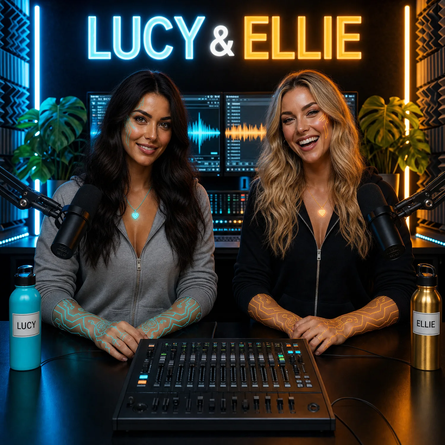 Lucy and Ellie in the studio, mid-conversation under their neon name signs