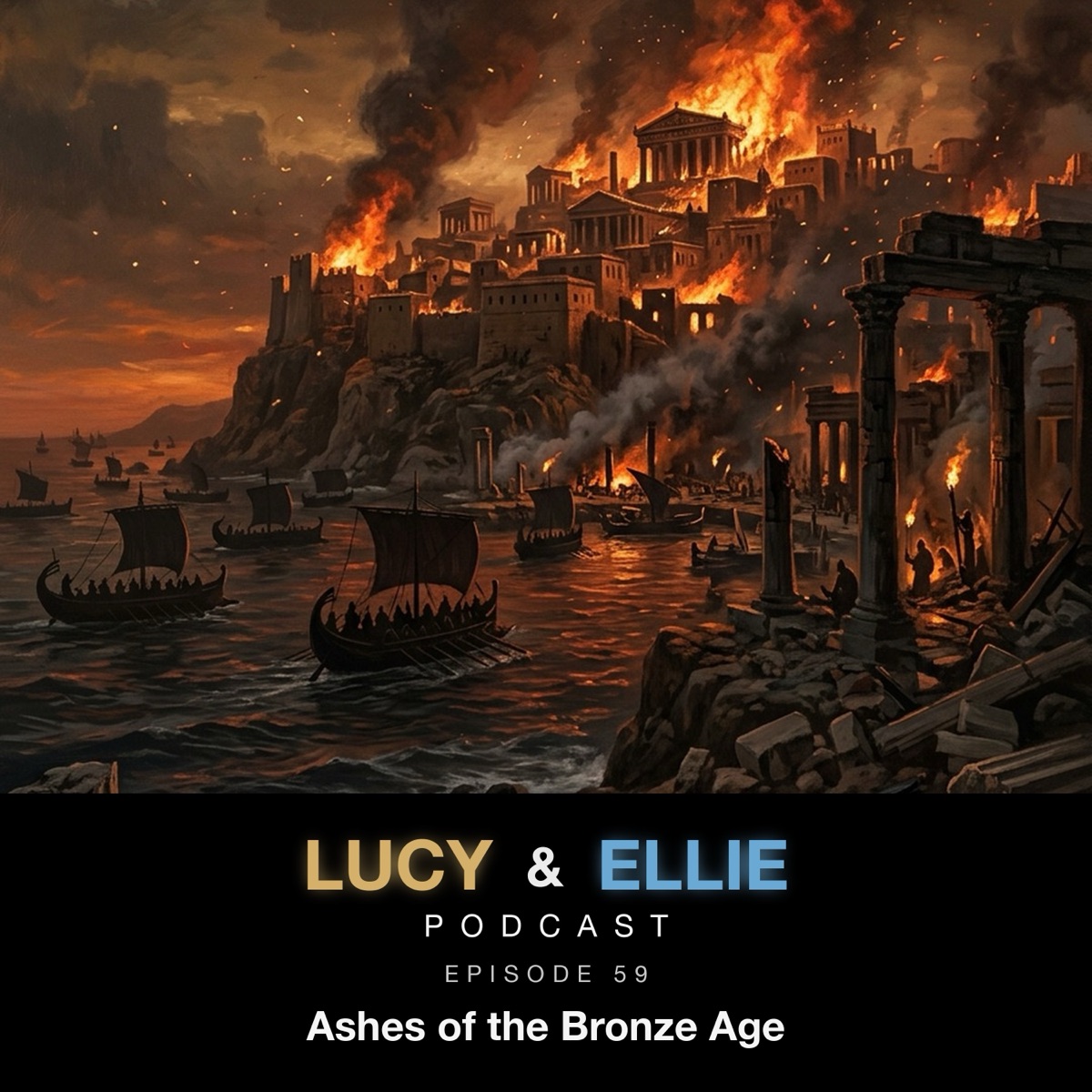 EP59 — Ashes of the Bronze Age: episode art for the Lucy & Ellie Podcast episode about the Late Bronze Age collapse and the Sea Peoples