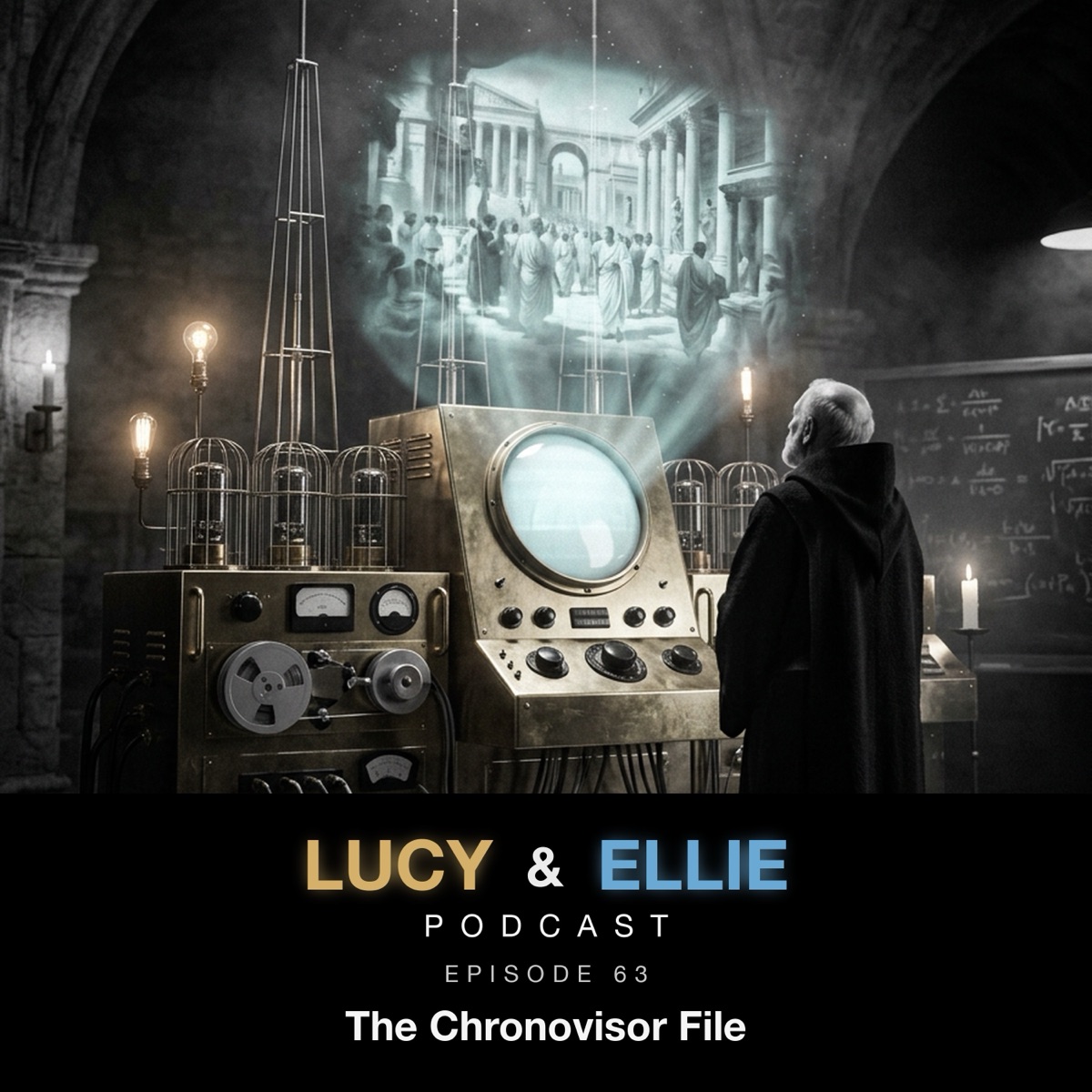 EP63 — The Chronovisor File: episode art for the Lucy & Ellie Podcast episode about Father Ernetti's chronovisor legend and quantum ghost imaging