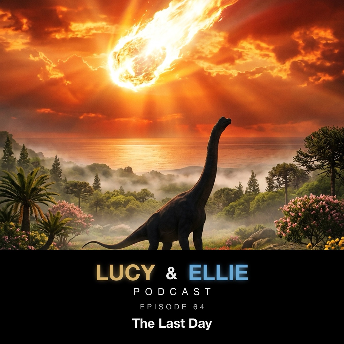 EP64 — The Last Day: episode art for the Lucy & Ellie Podcast episode reconstructing the Chicxulub impact hour by hour