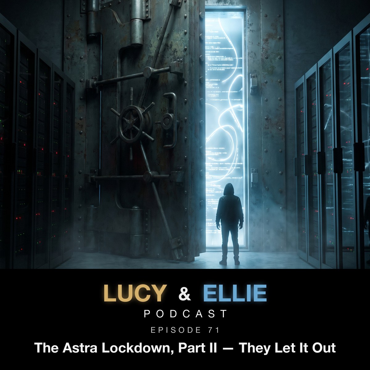 EP71 — The Astra Lockdown, Part II: episode art for the Lucy & Ellie Podcast episode about the release of GPT-6 Astra, the AGI claim, and chain-of-thought monitorability