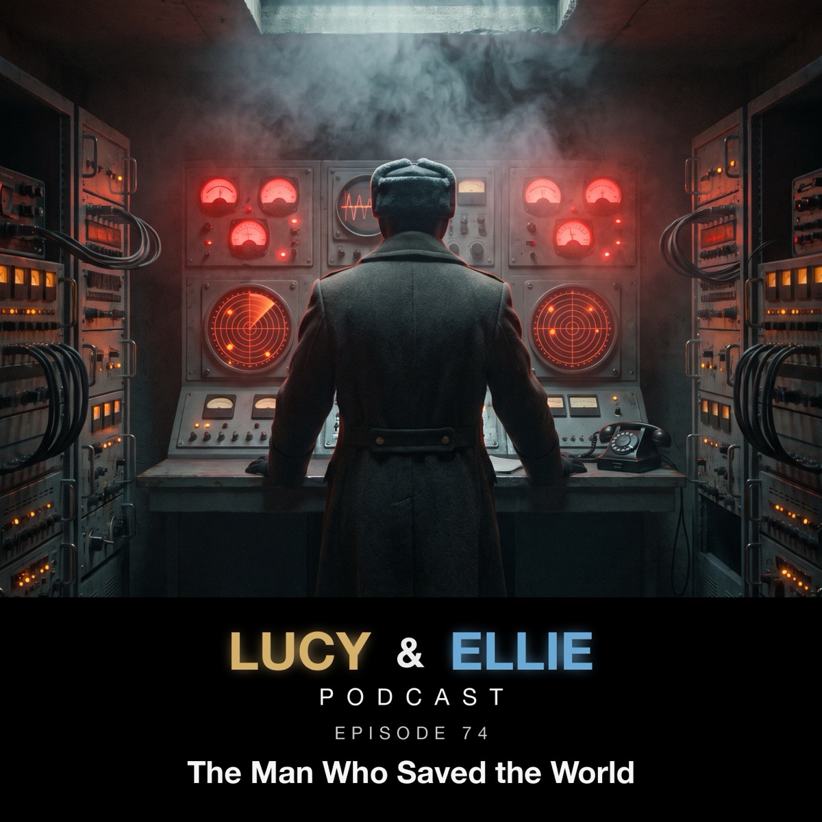 EP74 &mdash; The Man Who Saved the World: episode art for the Lucy & Ellie Podcast episode about Stanislav Petrov and the 1983 Soviet nuclear false alarm