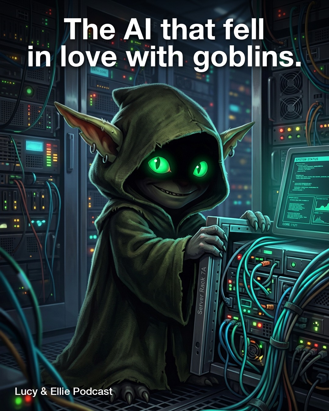 EP61 — The Goblin in the Machine: a goblin peering out of a glowing computer, Lucy & Ellie Podcast episode art